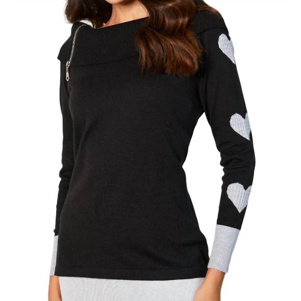 NEW FRENCH KYSS zip ribbed cowl neck with heart detail in black/slate